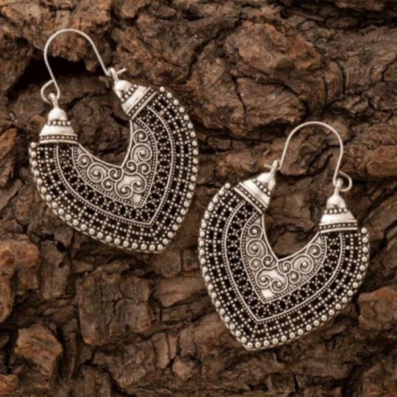 Big Filigree Heart Hoop Earrings Silver Bohemian Tribal Indie Boho Huggie Hoops - Picture 4 of 8